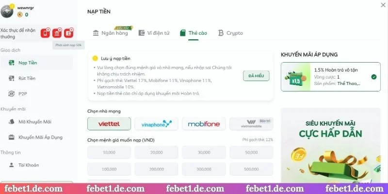 4 chú ý quan trọng khi nạp tiền Febet