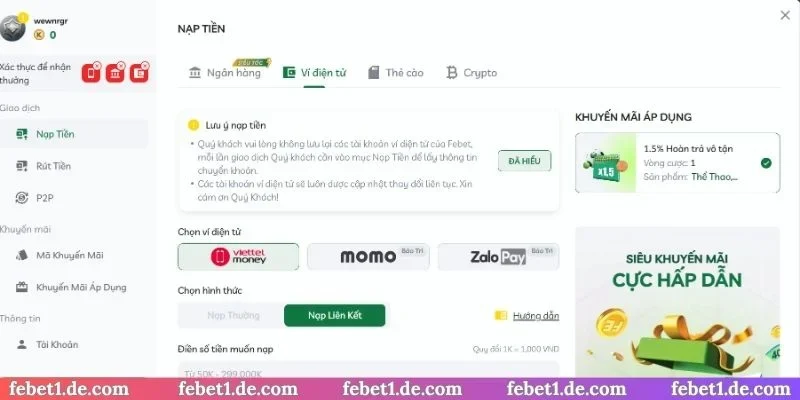 Cách nạp tiền Febet chuẩn xác
